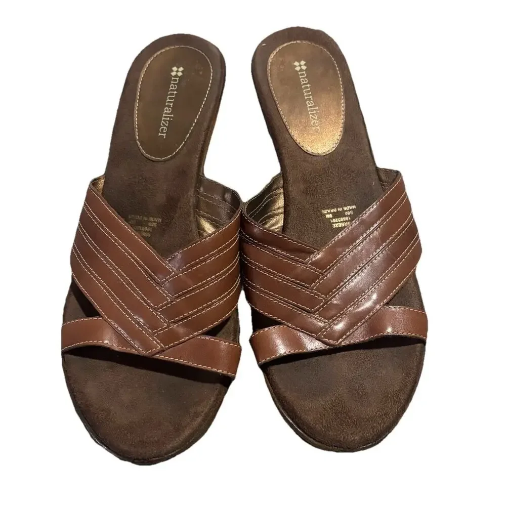Naturalizer Women's Brown Wedge Heel‎ Slip On Dressy Sandal Vacation Casual Sz 8
